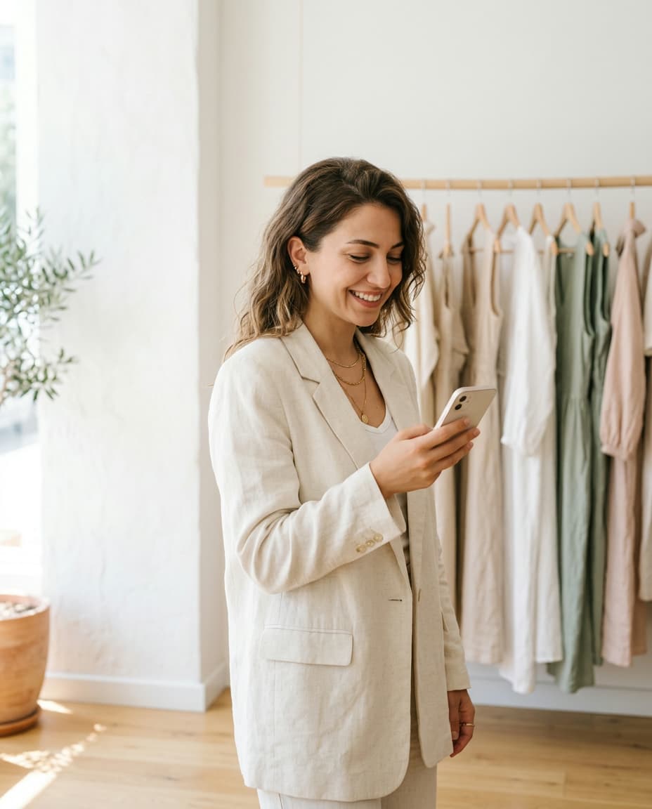 Butik sahibi telefonuyla siparişleri takip ediyor